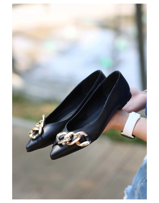 Popi Siyah Cilt Zincirli Babet Ayakkabı