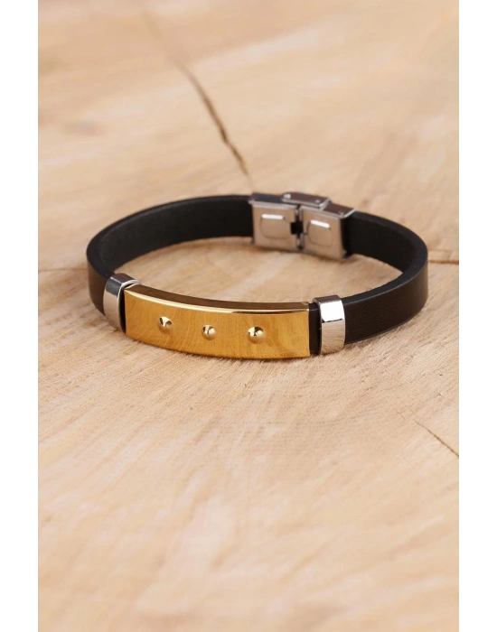 BFS Siyah Silikon Çelik Aksesuar Tasarımlı Detaylı Erkek Bileklik