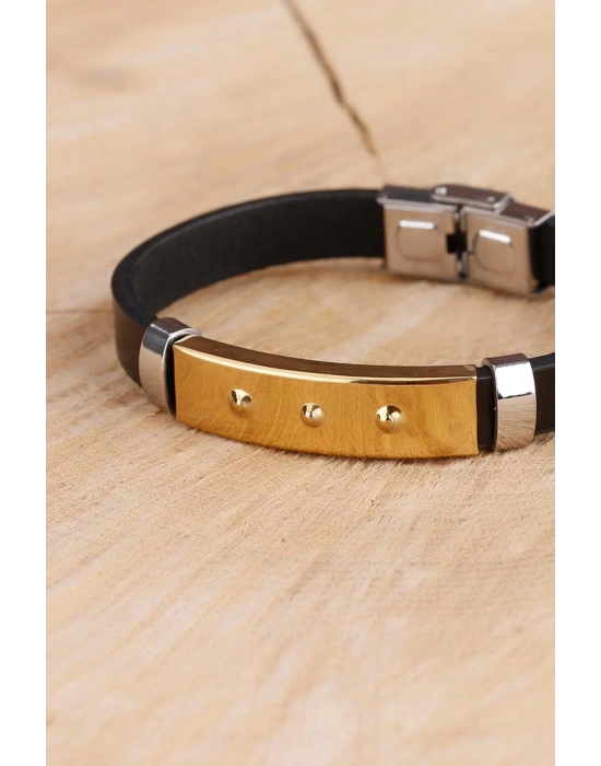 BFS Siyah Silikon Çelik Aksesuar Tasarımlı Detaylı Erkek Bileklik