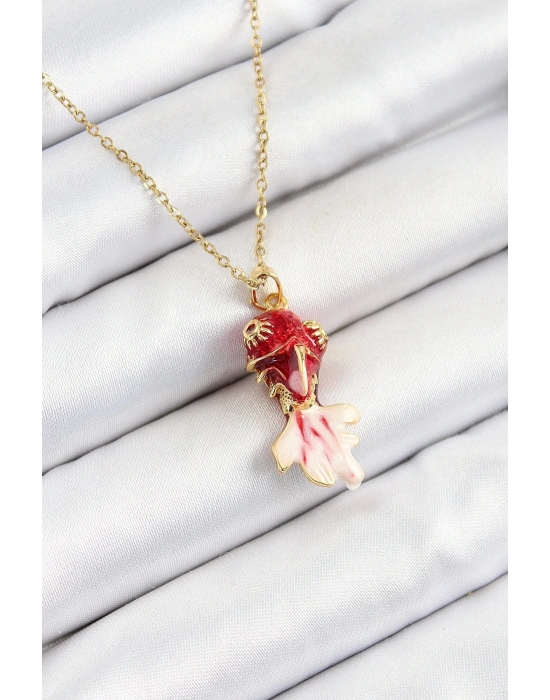 316L Çelik Zincir Kırmızı Balık Model Gold Renk Kadın Kolye