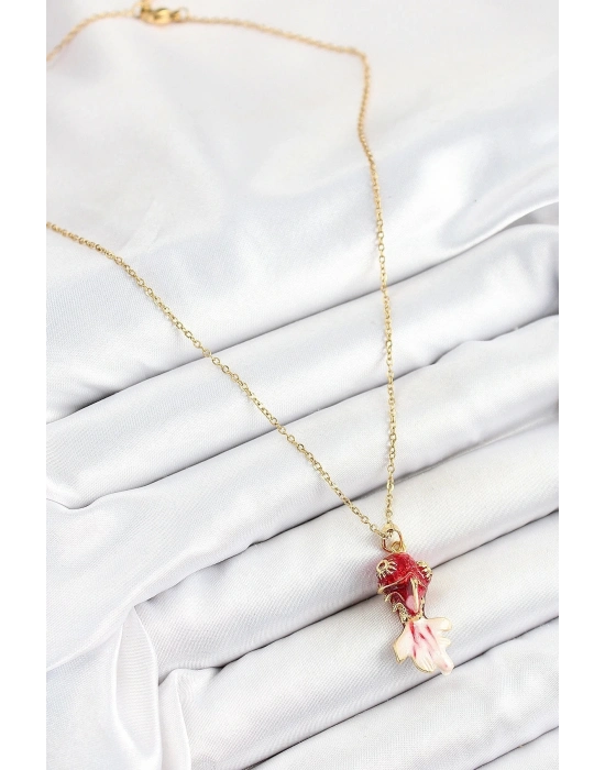 316L Çelik Zincir Kırmızı Balık Model Gold Renk Kadın Kolye