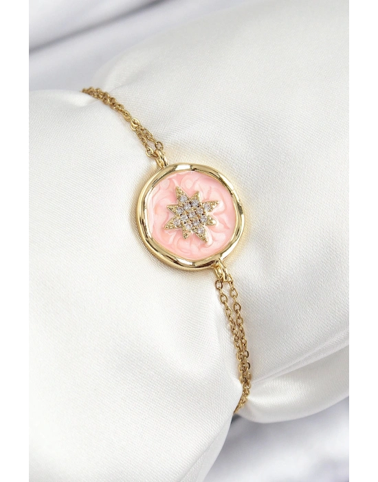 Bfs 316L Çelik Zincir Pembe Mineli Sanatsal Portre Kuzey Yıldızı Model Gold Renk Kadın Bileklik