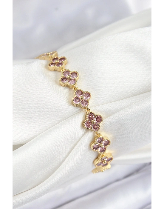 BFS Pirinç Pembe Zirkon Taşlı Yonca Model Gold Renk VIP Seri Kadın Bileklik