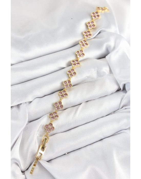 BFS Pirinç Pembe Zirkon Taşlı Yonca Model Gold Renk VIP Seri Kadın Bileklik