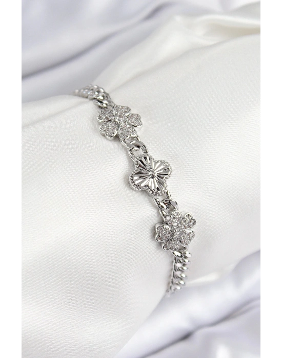 Bfs Pirinç Zirkon Taşlı Yonca Model Gümüş Renk Kadın Bileklik