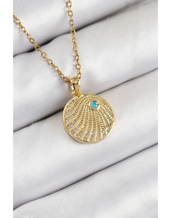 Bfs 316L Çelik Zirkon Taşlı Madalyon Model Gold Renk Kadın Kolye