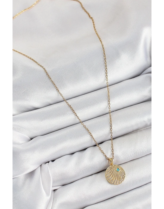 Bfs 316L Çelik Zirkon Taşlı Madalyon Model Gold Renk Kadın Kolye