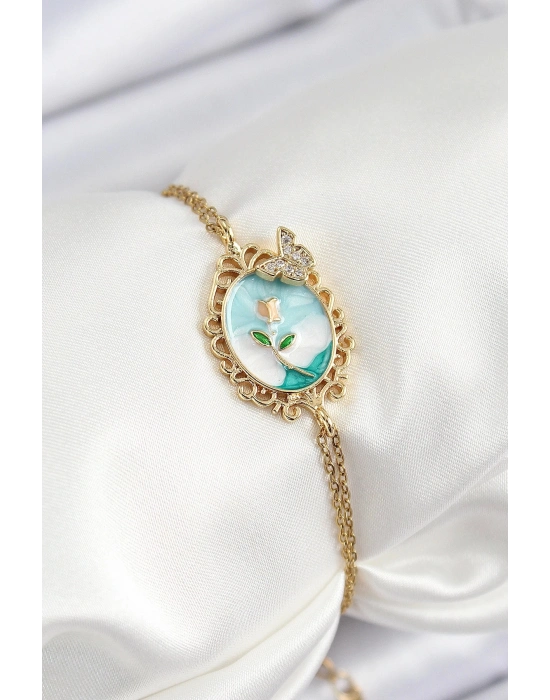 Bfs 316L Çelik Zincir Mineli Sanatsal Portre Zirkon Taşlı Kelebek Detaylı Çiçek Model Gold Renk Kad