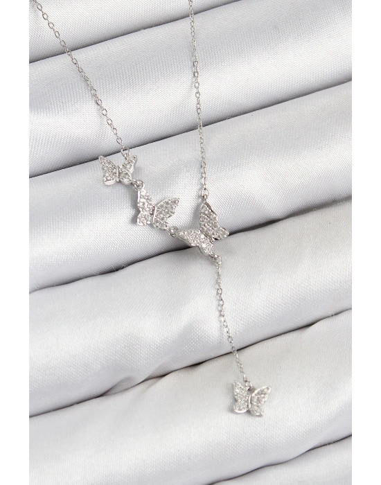 Bfs Pirinç Zirkon Taşlı Kelebek Model Gümüş Renk Kadın Kolye
