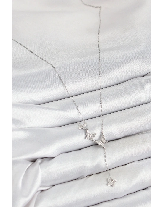 Bfs Pirinç Zirkon Taşlı Kelebek Model Gümüş Renk Kadın Kolye