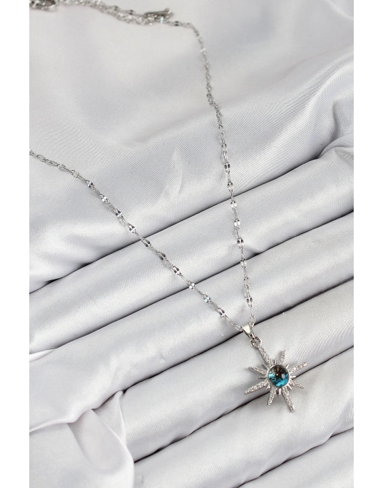 Bfs 316L Çelik Zirkon Taşlı Kutup Yıldızı Model Gümüş Renk Kadın Kolye