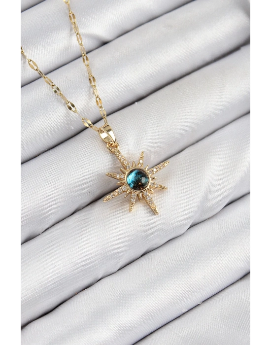 Bfs 316L Çelik Zirkon Taşlı Kutup Yıldızı Model Gold Renk Kadın Kolye