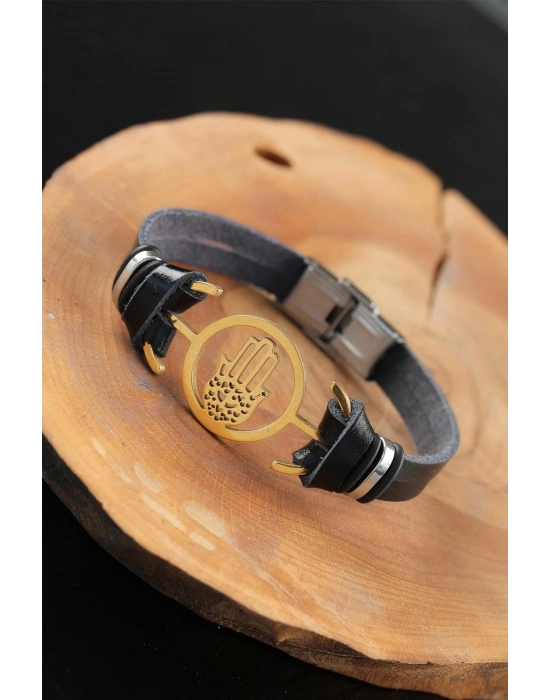 BFS Gold Renk Metal Fatma Ana Eli Tasarım Siyah Renk Deri Erkek Bileklik