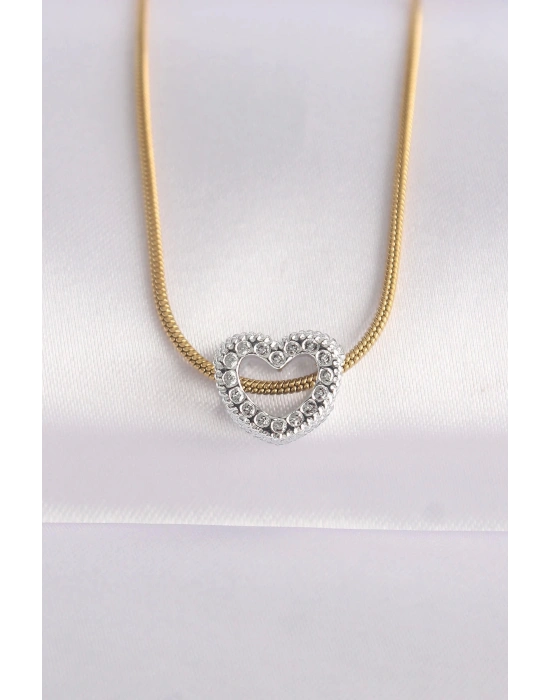 Bfs 316L Çelik Zincir Altın Renk Zincirli Gümüş Renk Kalp Tasarımlı Kolye