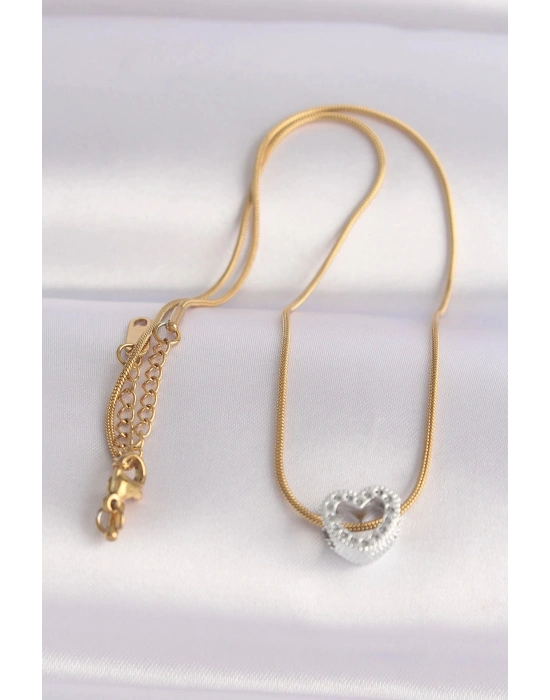 Bfs 316L Çelik Zincir Altın Renk Zincirli Gümüş Renk Kalp Tasarımlı Kolye