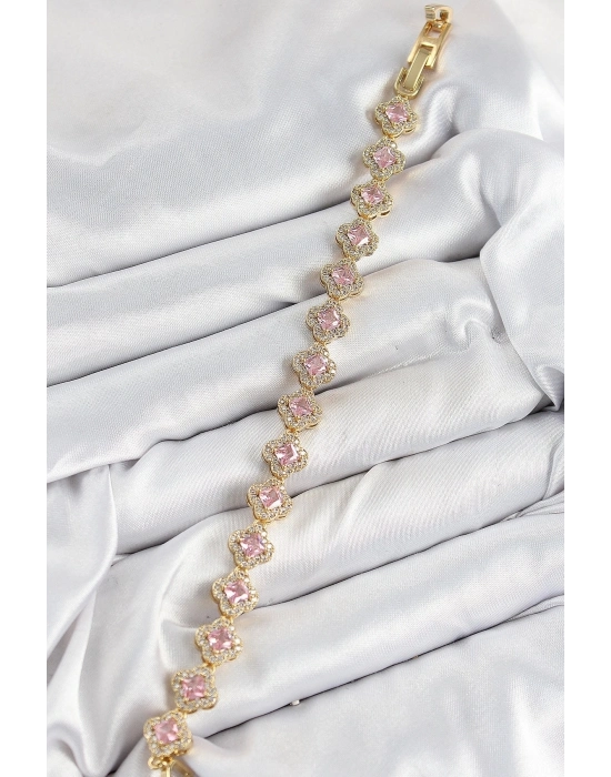 Bfs Pirinç Zirkon Taşlı Pembe Yonca Baget Model Gold Renk Vip Seri Kadın Bileklik