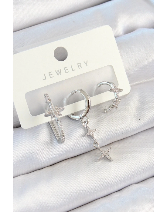 BFS Pirinç Zirkon Taşlı Kelebek Ve Sallantılı Yıldız Model Gümüş Renk 3lü Çift Kadın K