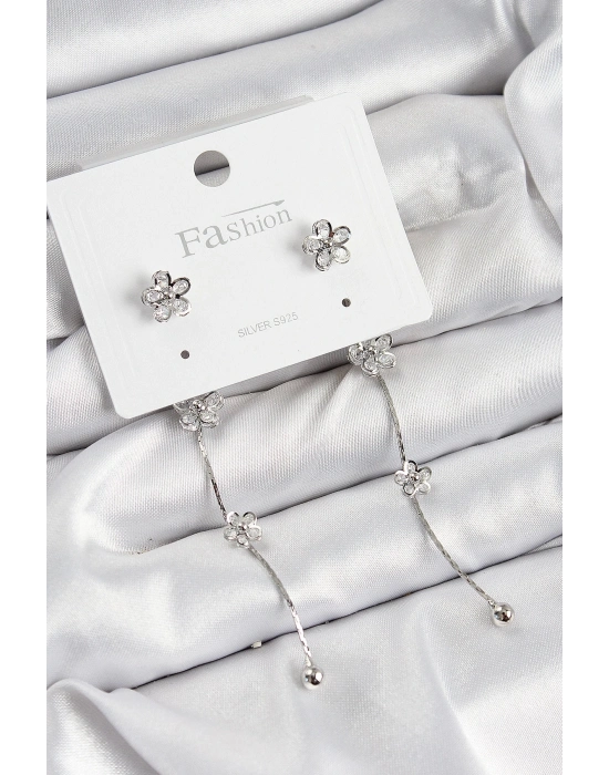 BFS Pirinç Zirkon Taşlı Sallantılı Çiçek Model Gümüş Renk 925 Ayar Gümüş Çivi Kadın K