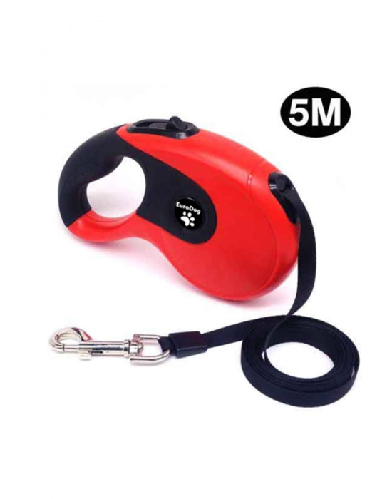 Euro Dog Otomatik Köpek Gezdirme Tasması Yumusak Doku Kırmızı/Siyah 3 Mt