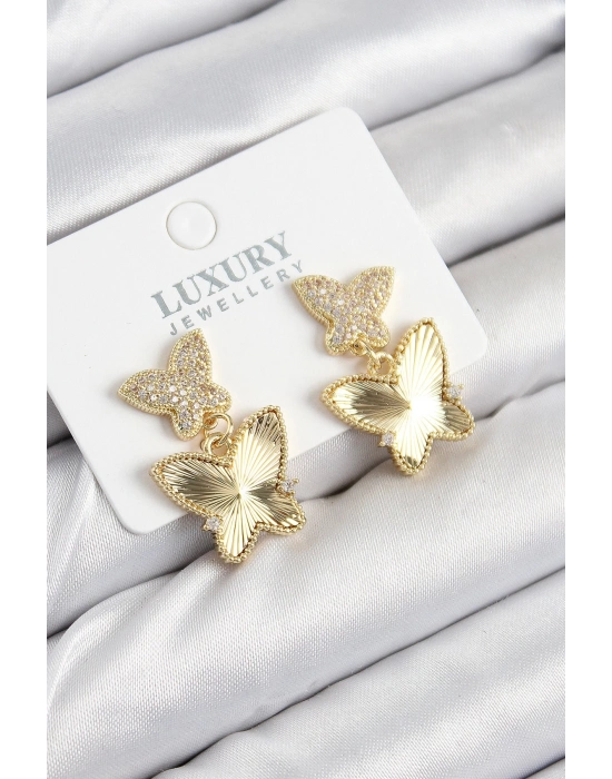 BFS Pirinç Zirkon Taşlı Kelebek Model Gold Renk Kadın Küpe