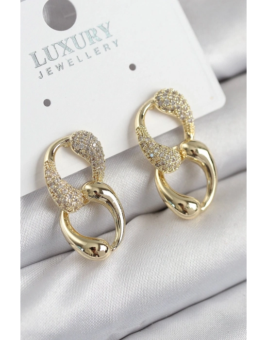 BFS Pirinç Zirkon Taşlı Zincir Model Gold Renk Kadın Küpe