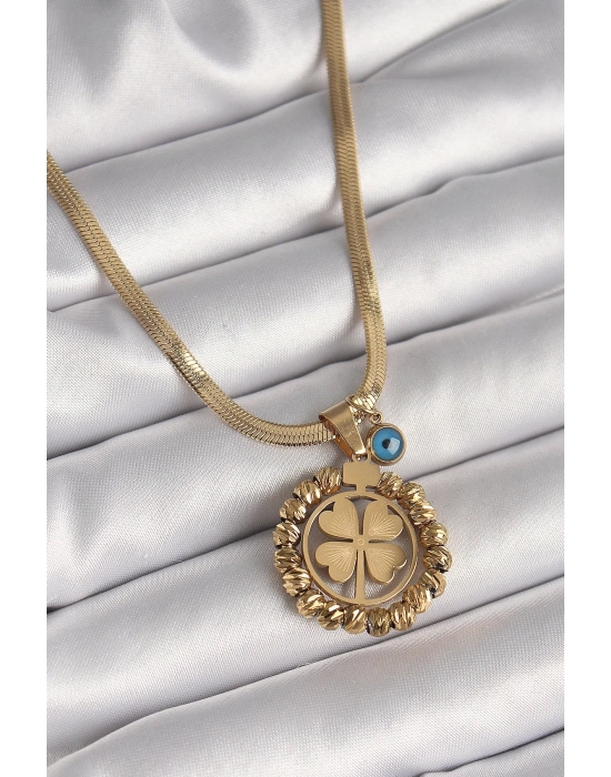 Bfs 316L Çelik Gold Renk İtalyan Zincir Dorika Yonca Model Nazar Boncuk Detay Kadın Kolye