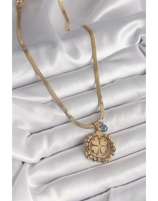 Bfs 316L Çelik Gold Renk İtalyan Zincir Dorika Yonca Model Nazar Boncuk Detay Kadın Kolye