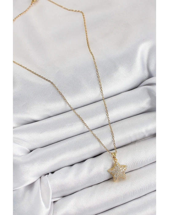 Bfs 316L Çelik Zirkon Taşlı Yıldız Model Gold Renk Kadın Kolye