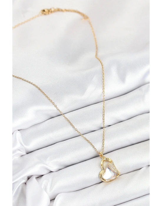 Bfs 316L Çelik Zirkon Taşlı Kalp Model Gold Renk Kadın Kolye