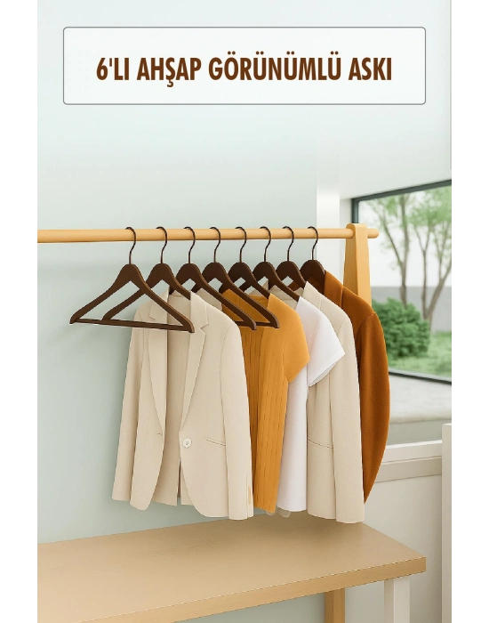 6’lı Ahşap Görünümlü Askı Kahve 44 cm