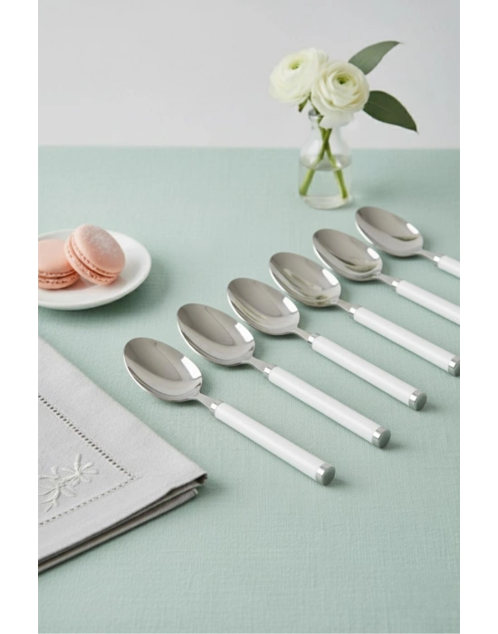6’lı Paslanmaz Çelik Tatlı Kaşığı Seti Beyaz Saplı 15 cm