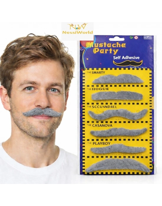 6’lı Yapışkanlı Gri Parti Bıyık Seti – Farklı Modeller