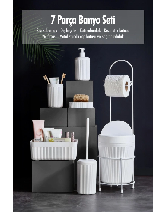 7 Parça Beyaz Banyo Seti Metal Stantlı Kovalı Wc Kağıtlık Kozmetik Kutusu Diş Fırçalık Ve Sabunlukla
