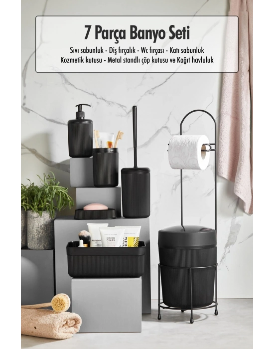 7 Parça Siyah Banyo Seti Metal Stantlı Kovalı Wc Kağıtlık Kozmetik Kutusu Diş Fırçalık Ve Sabunlukla