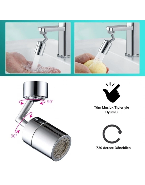 ®   720 Derece Dönebilen 4 Filtreli Tüm Musluk Tipleri İle Uyumlu Montaj Aparatlı Musluk Başlık