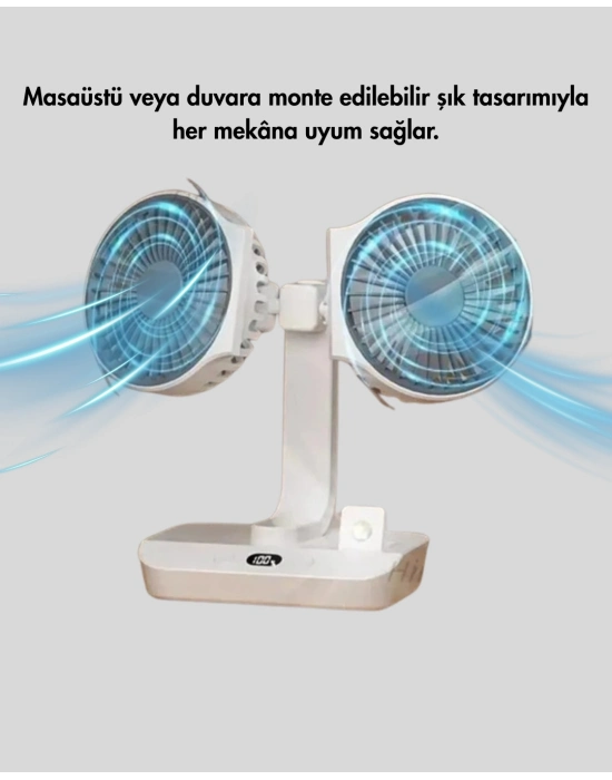 720° Döner Çift Taraflı Masaüstü Vantilatör – USB Şarjlı Sessiz Fan