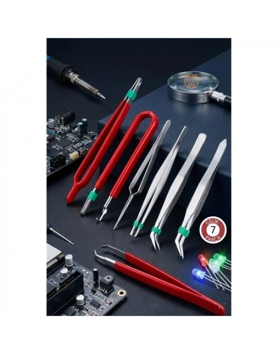 ® 7’li Profesyonel Hassas Cımbız Seti - Antistatik Çelik, Elektronik Tamir & Hobi Kiti
