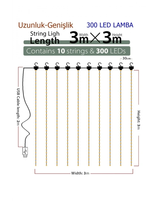 8 Fonksiyonlu Peri Perde Led Uzaktan Kumandalı Günışığı Perde Peri Led (3 mt x 3 mt)