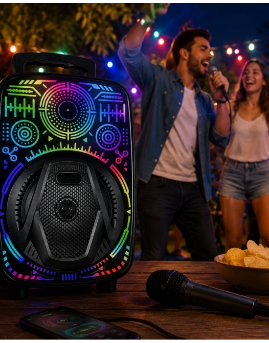8 İnç Taşınabilir Karaoke Hoparlör Mikrofonlu RGB Işıklı Bluetooth Speaker