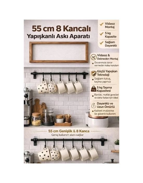 8 Kancalı Yapışkanlı Askı Aparatı