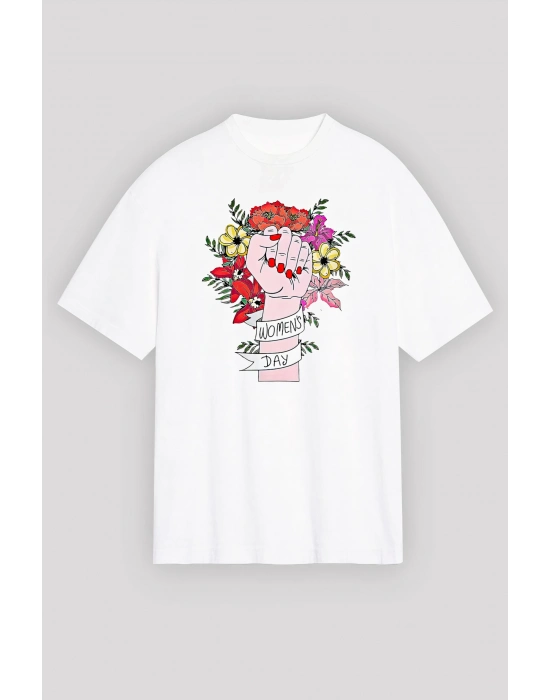 8 Mart Dünya Kadınlar Günü Baskılı Oversize Bisiklet Yaka T-shirt - Beyaz