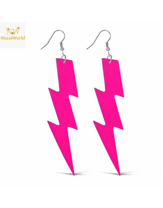80’ler 90'lar Retro Neon Pembe Şimşek Küpe 10 cm