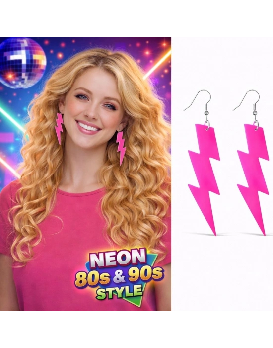 80’ler 90'lar Retro Neon Pembe Şimşek Küpe 10 cm