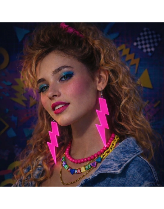 80’ler 90'lar Retro Neon Pembe Şimşek Küpe 10 Cm