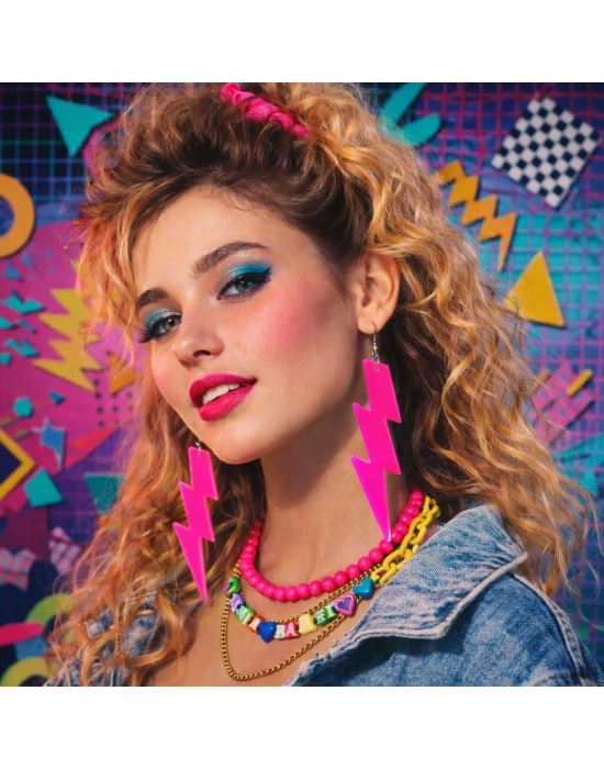80’ler 90'lar Retro Neon Pembe Şimşek Küpe 10 cm