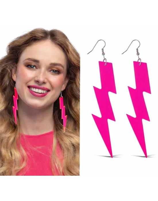 80’ler 90'lar Retro Neon Pembe Şimşek Küpe 10 cm