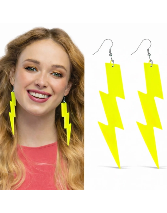 ® 80’ler 90'lar Retro Neon Sarı Şimşek Küpe 10 cm