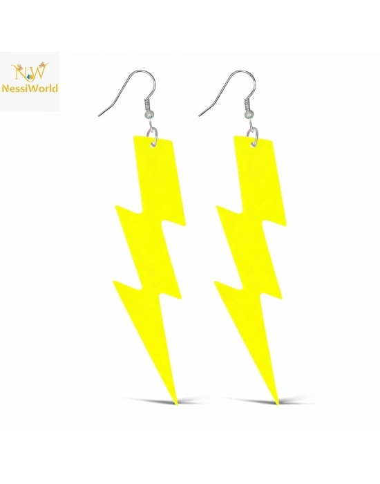 80’ler 90'lar Retro Neon Sarı Şimşek Küpe 10 cm