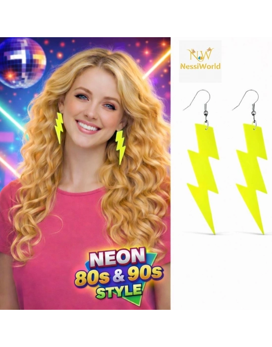 80’ler 90'lar Retro Neon Sarı Şimşek Küpe 10 cm