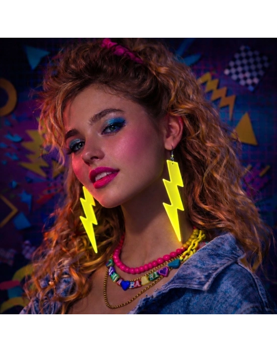 80’ler 90'lar Retro Neon Sarı Şimşek Küpe 10 cm